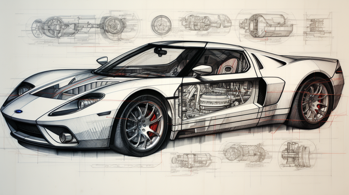 Pencil sketch of Ford GT parts