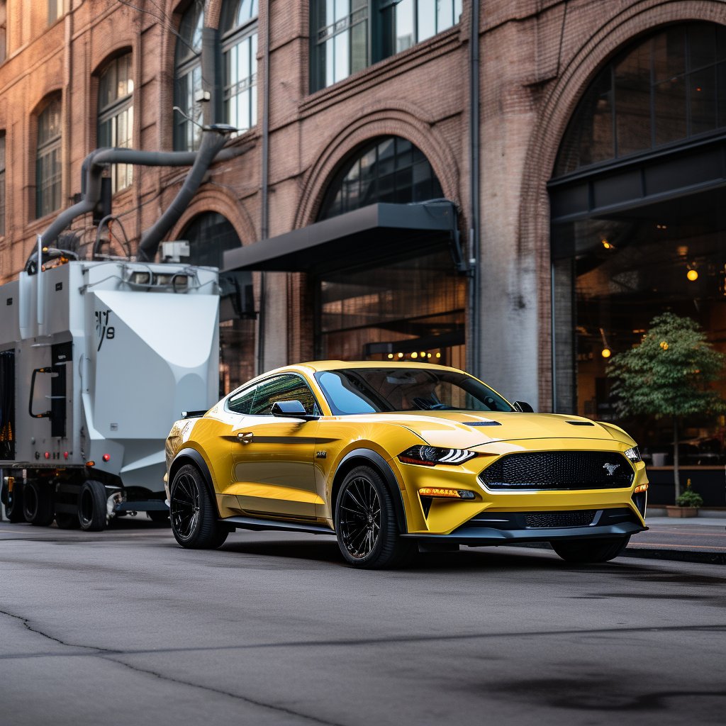 Ford Mustang EV next to Concrete Truck