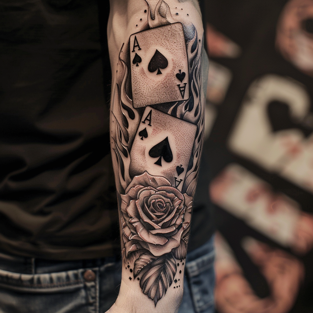 Man forearm tattoo poker aces