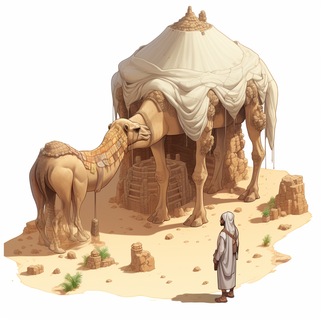 Isometric drawing of foreign merchant and beduin with camel