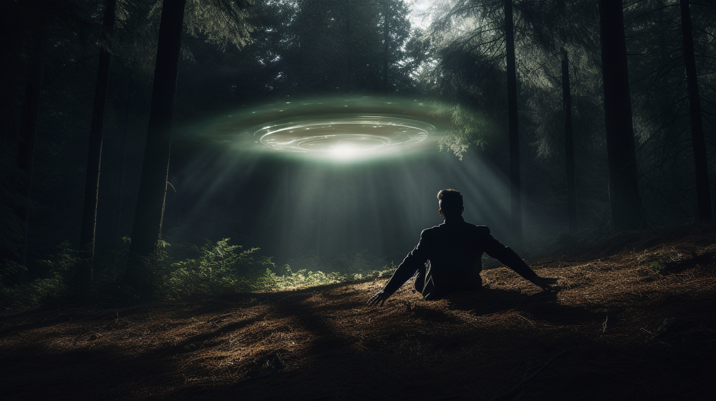 Man trying to escape UFO in dark forest