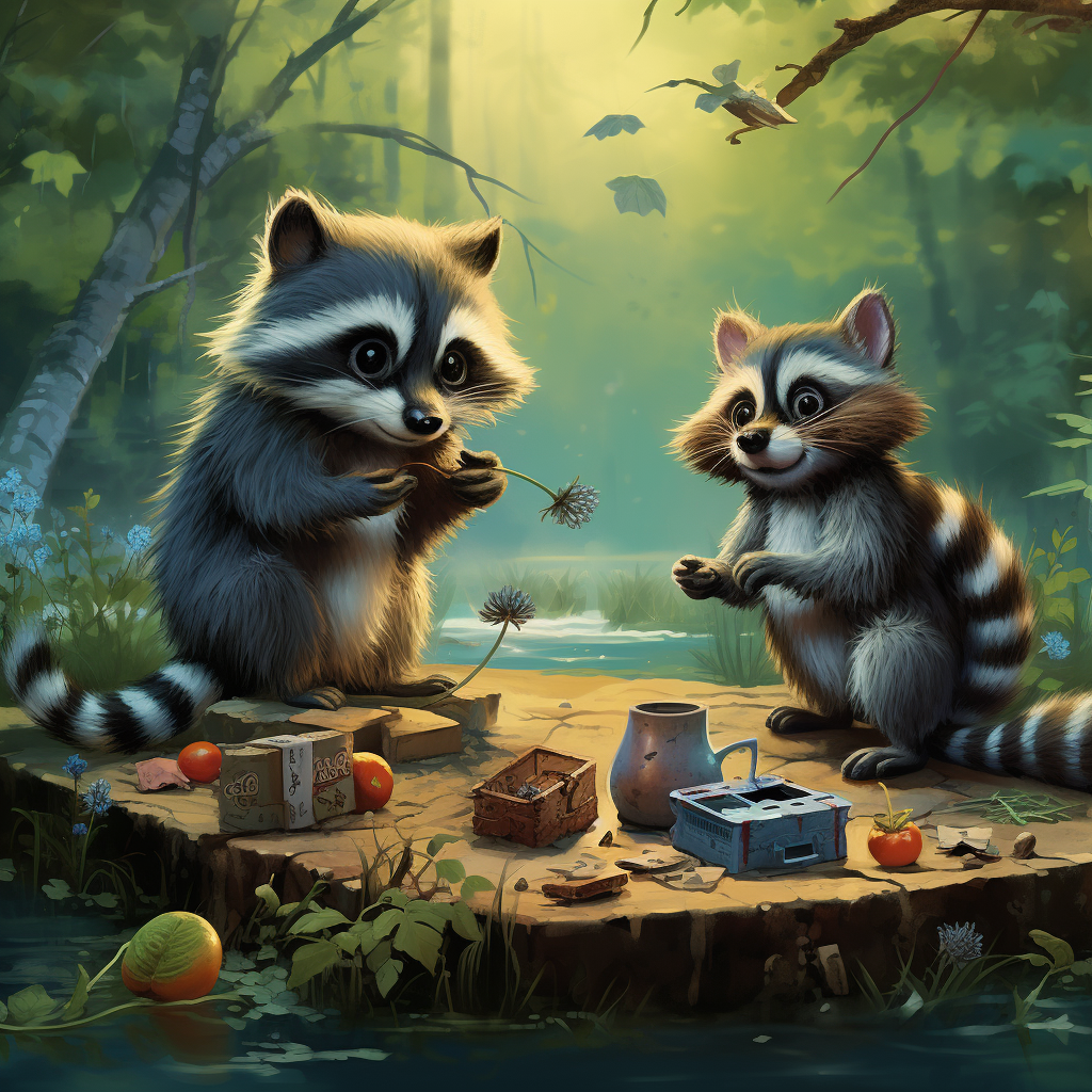 Raccoon, Ant, and Pigeon Playing with Toys