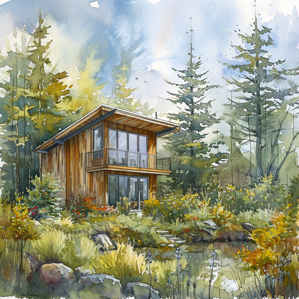 Watercolor rendering of forest cabin with vegetable gardens