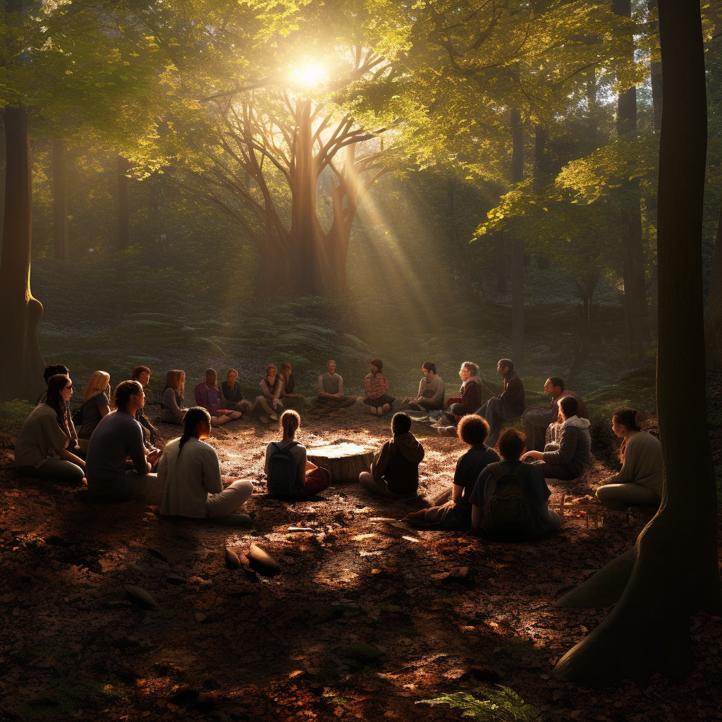 Diverse group forming circle in forest clearing with keys and books