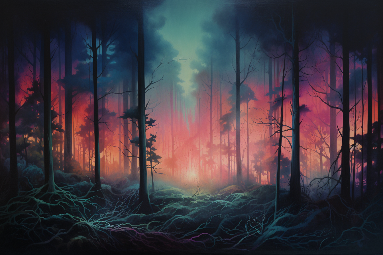 Close-up view of a retro and nightmarish forest