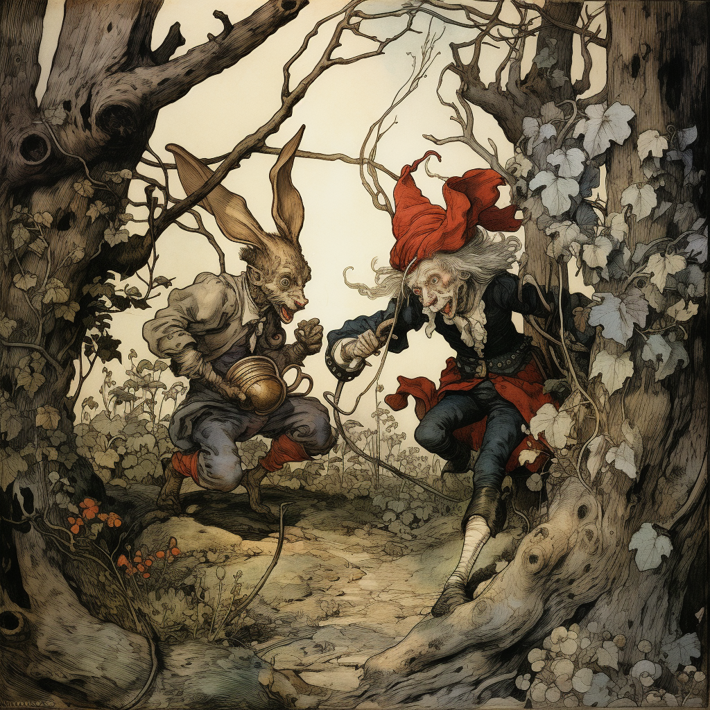 Two clowns hunting squirrels in the forest