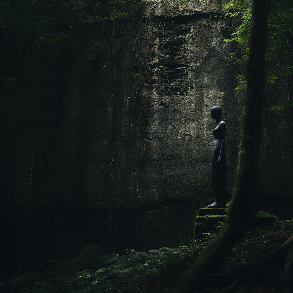 Overgrown forest with concrete wall shadow