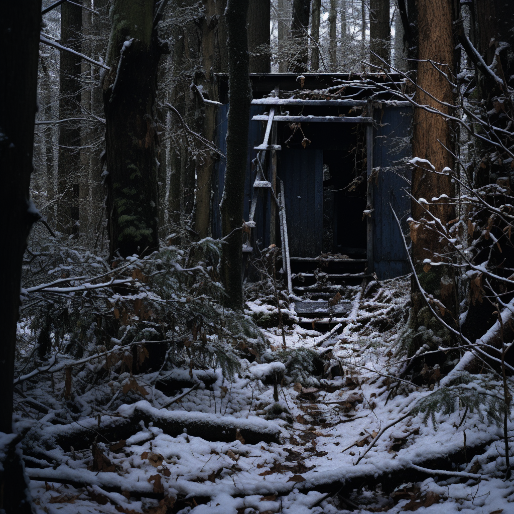 Mysterious forest with crumbling snowshed