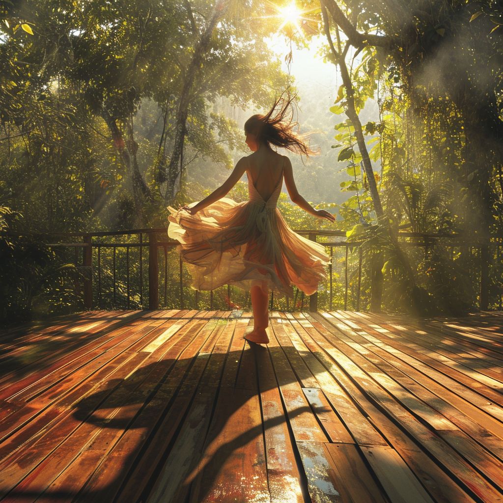 Woman dancing in green forest