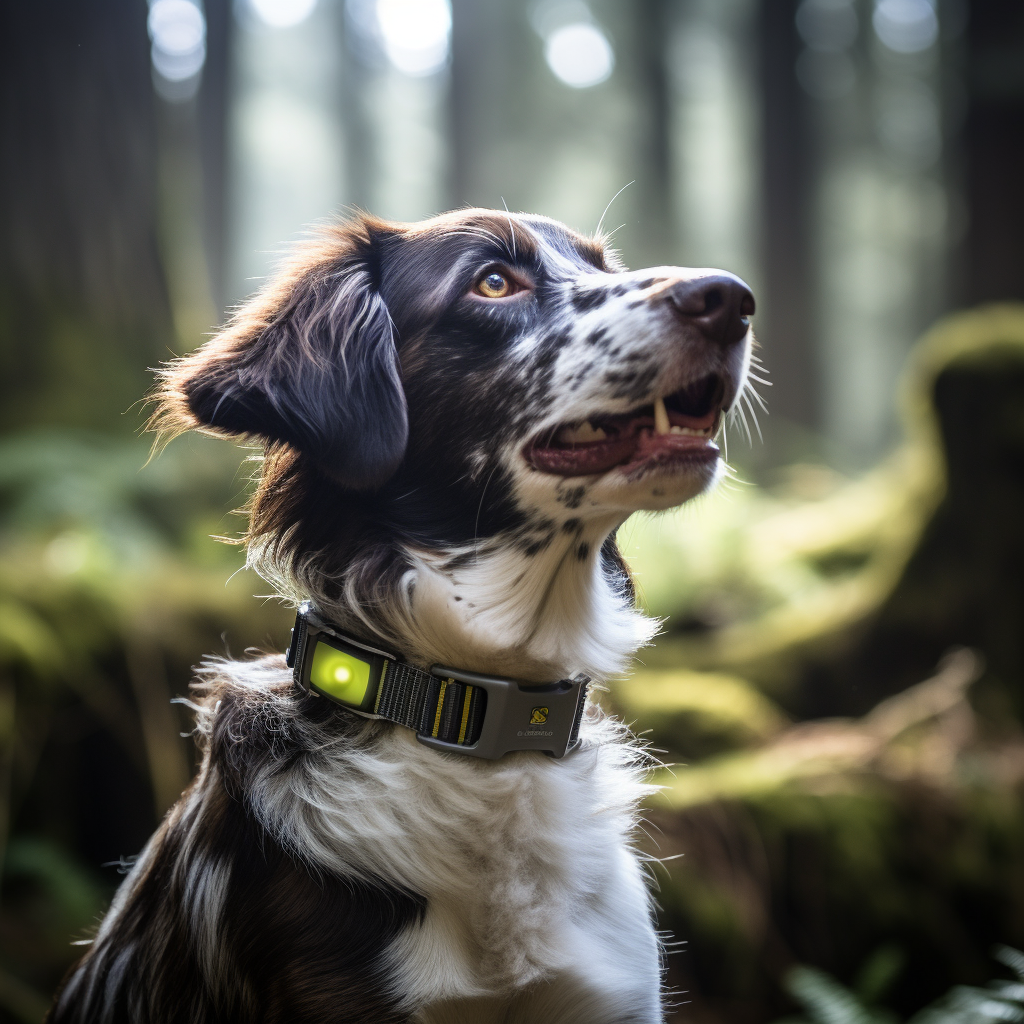 Dog with GPS tracker collar sniffing tree