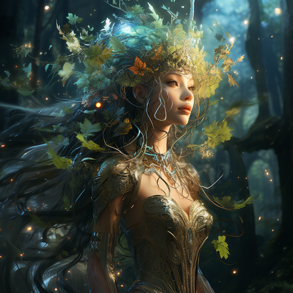 Woman enveloped in magical forest