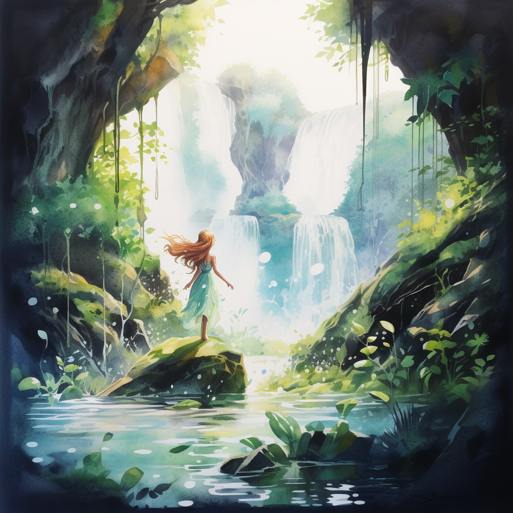 Beautiful forest fairy at crooked waterfall