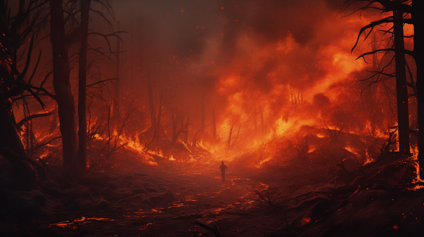 Massive forest fire blazing through the trees