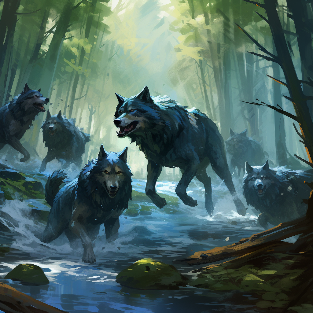 Majestic pack of wolves in a forest