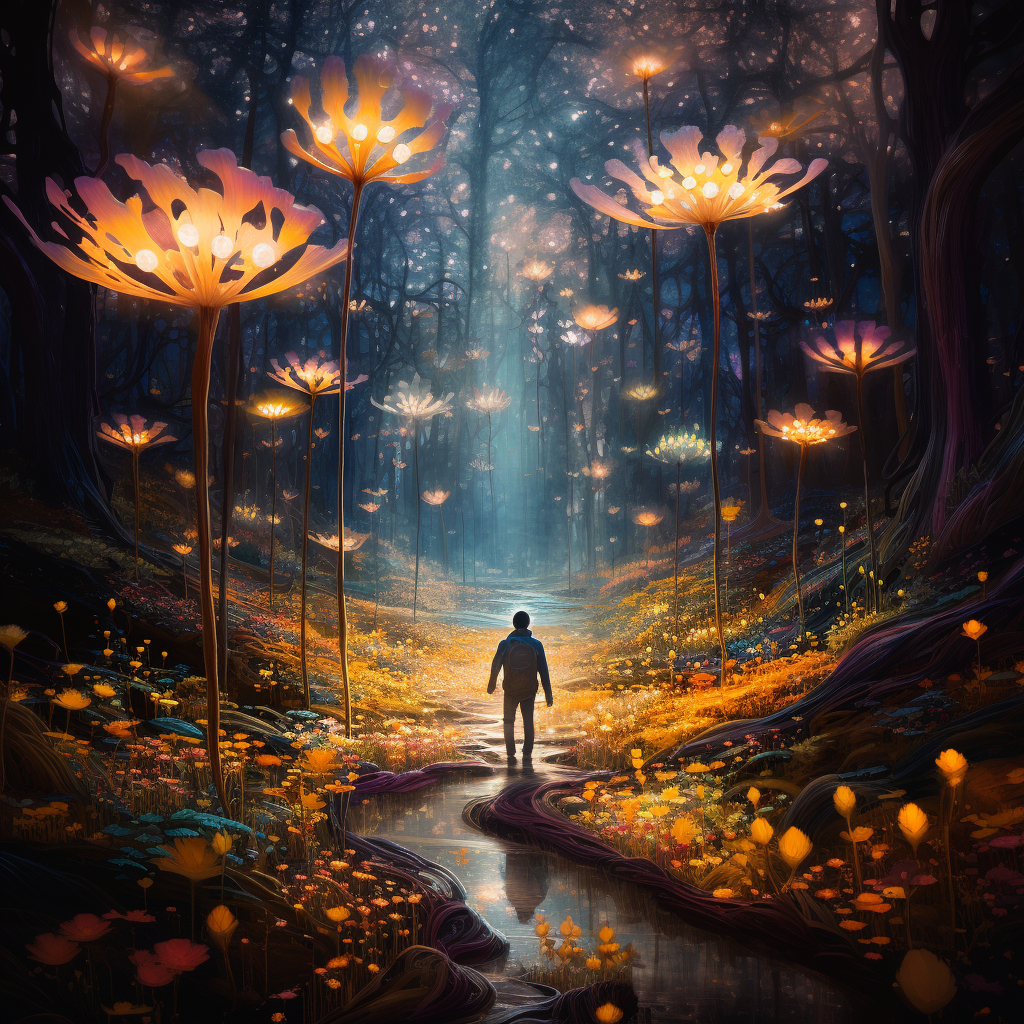 Man walking through stunning bioluminiscent flower forest