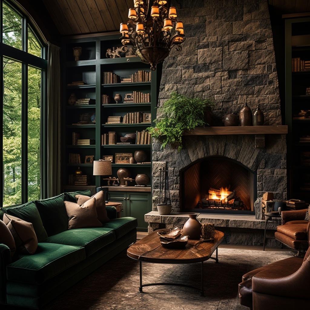 Forest green living room with bookshelves and stone accent wall