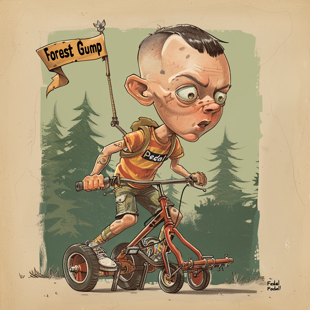 Forest Gump tricycle banner caricature