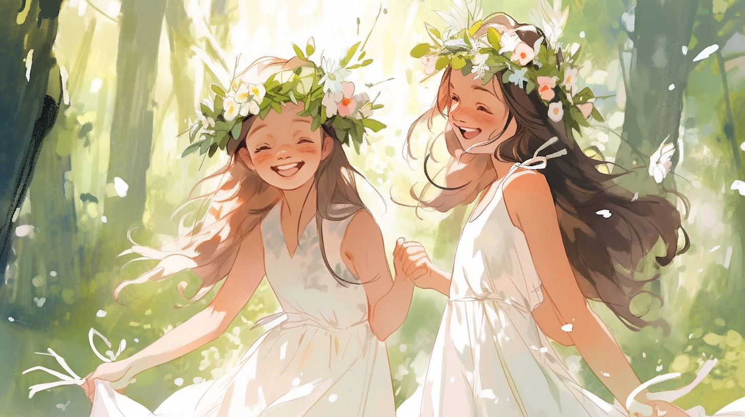 Happy girls in white dresses and flower crowns in a beautiful forest