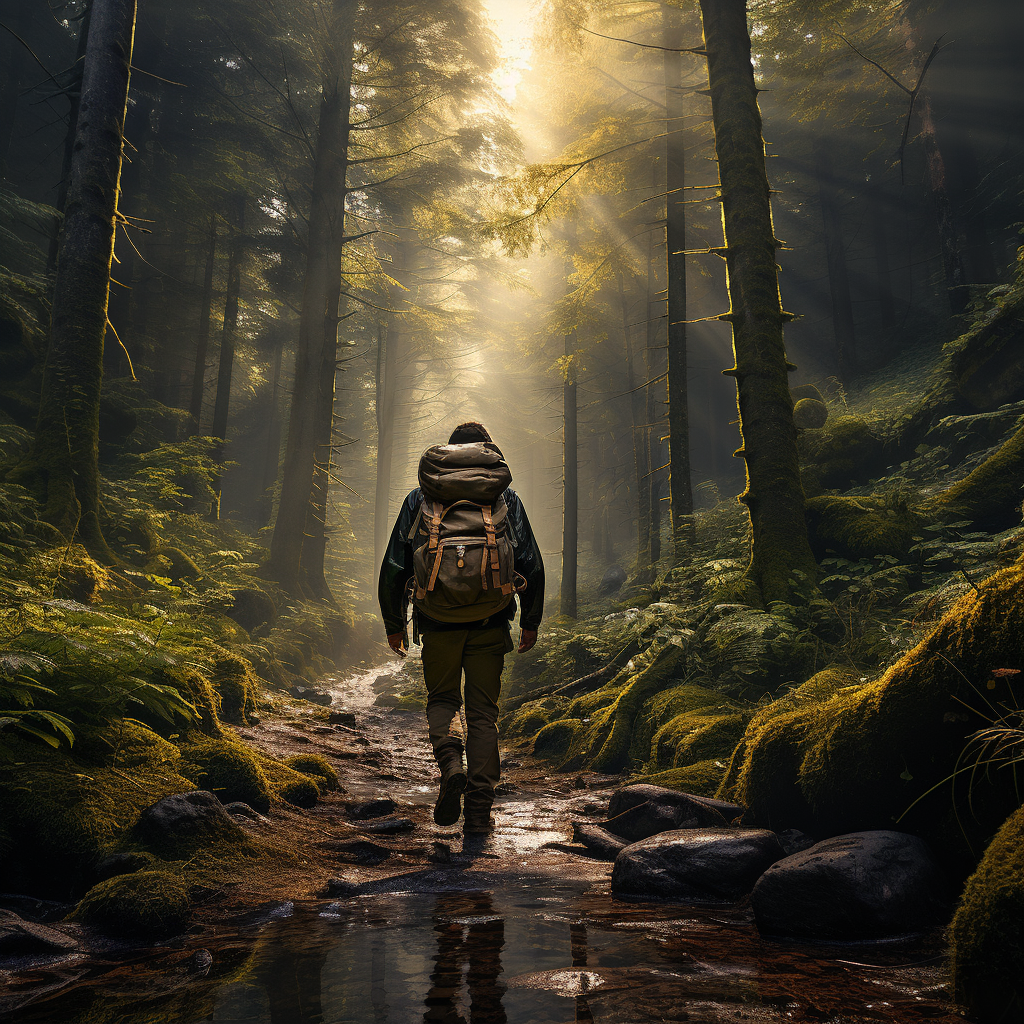 Hiker with backpack exploring the forest