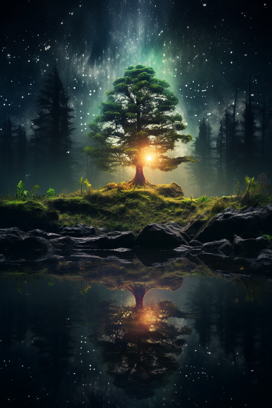 Beautiful holographic tree in enchanting forest