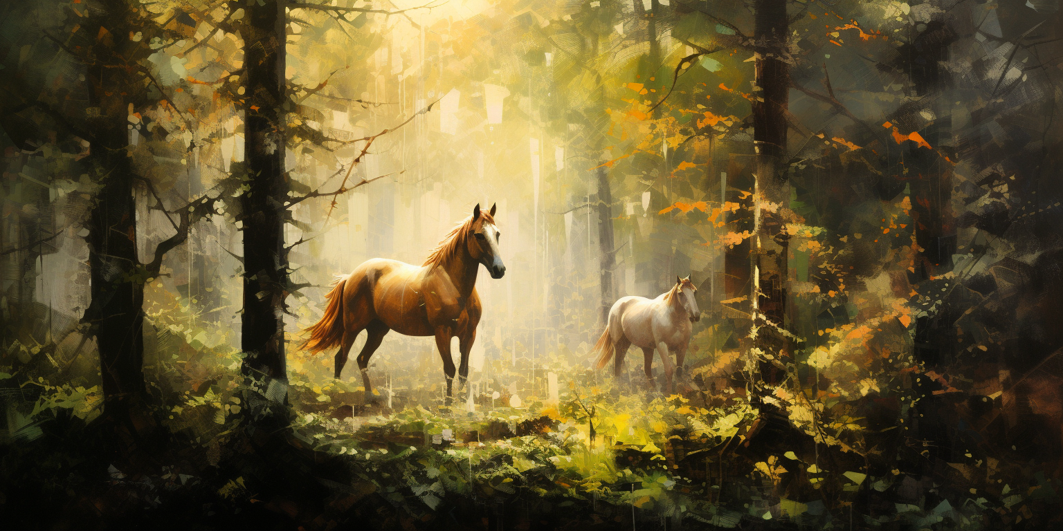 Majestic horses in a Monet-inspired forest