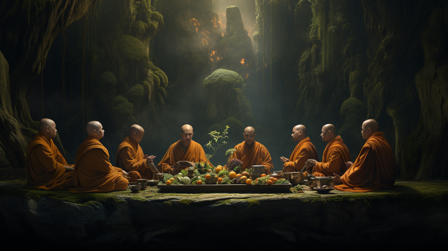 Six monks surrounded by an array of fruits