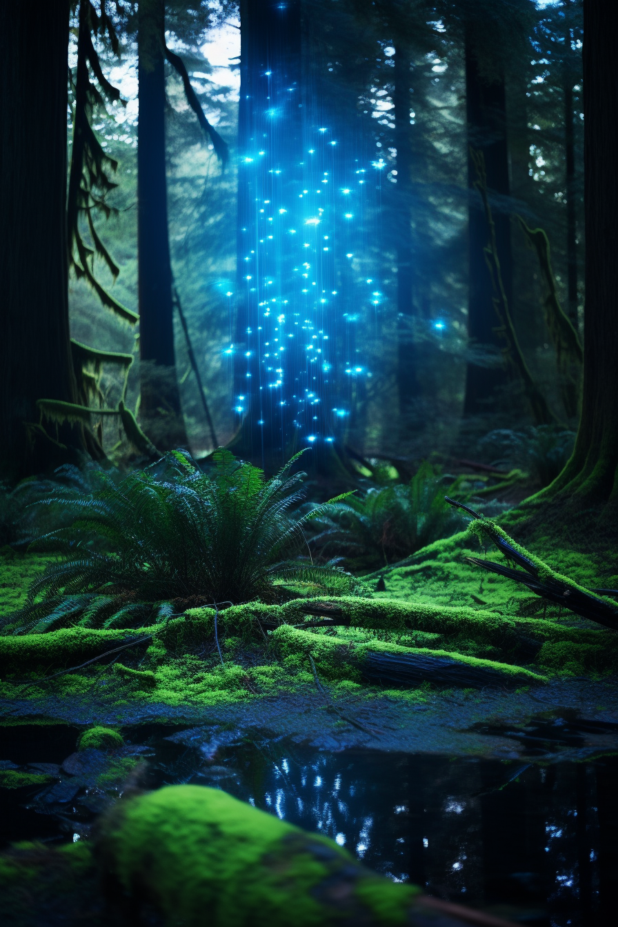 Serene forest with blue holographic tree