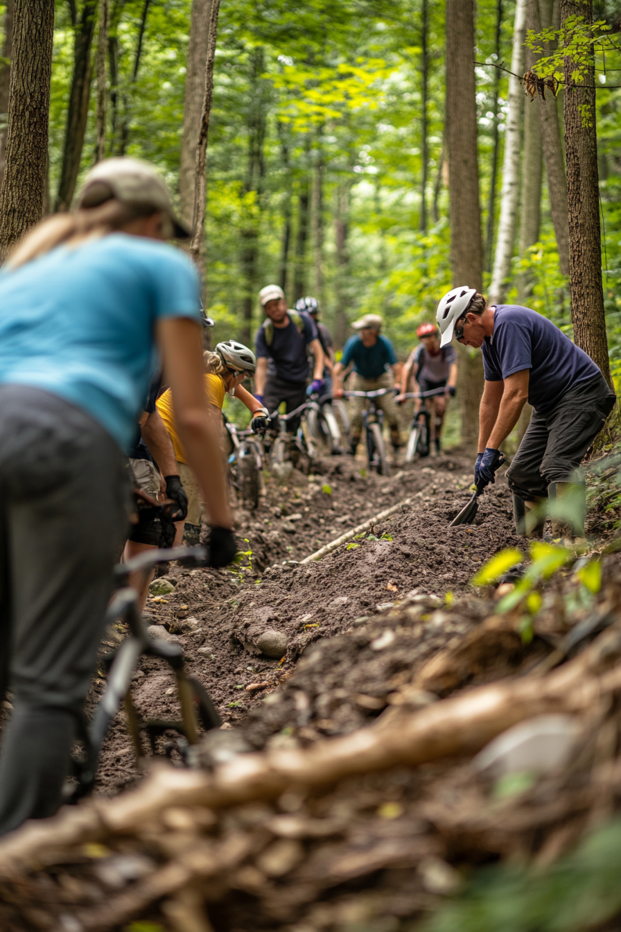 Group volunteers building mountain bike trail