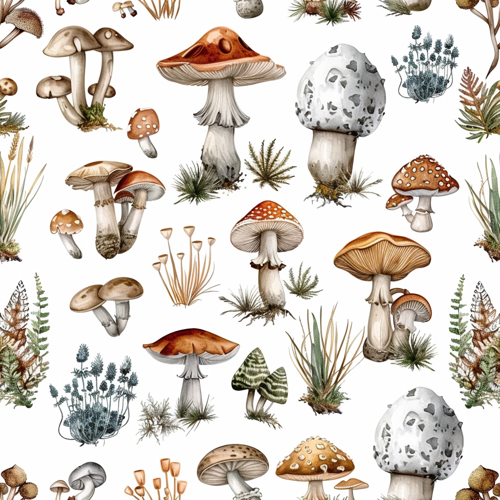 Forest mushrooms watercolor pattern on white background