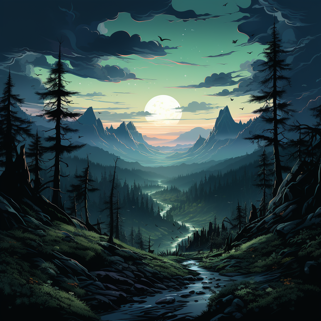 Beautiful forest night landscape illustration