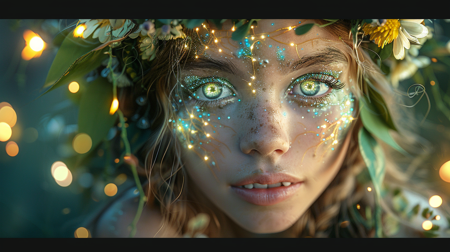 Enchanted forest nymph with firefly glow hair