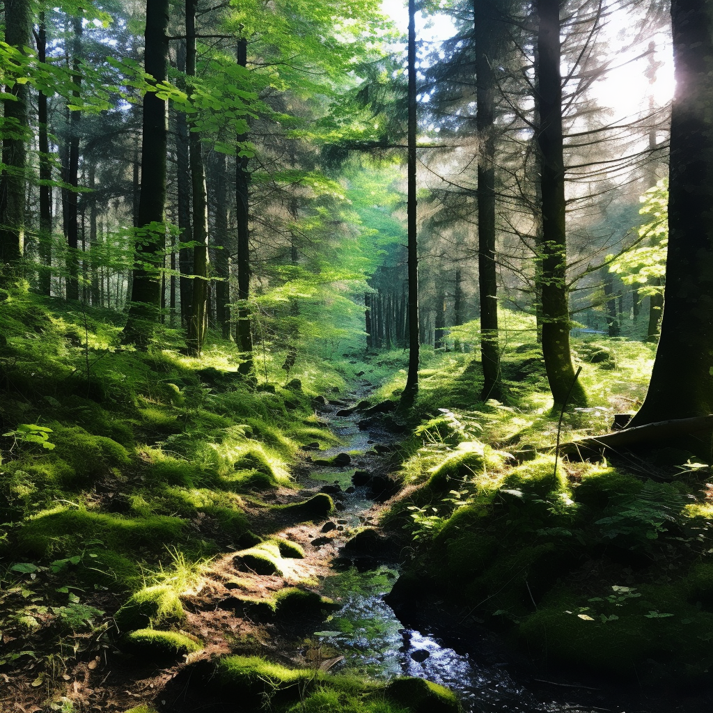 Beautiful forest scene with lush green trees