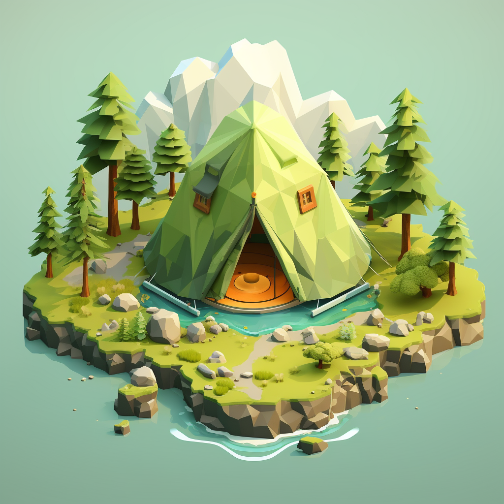 Polygonal forest with tent and backpack