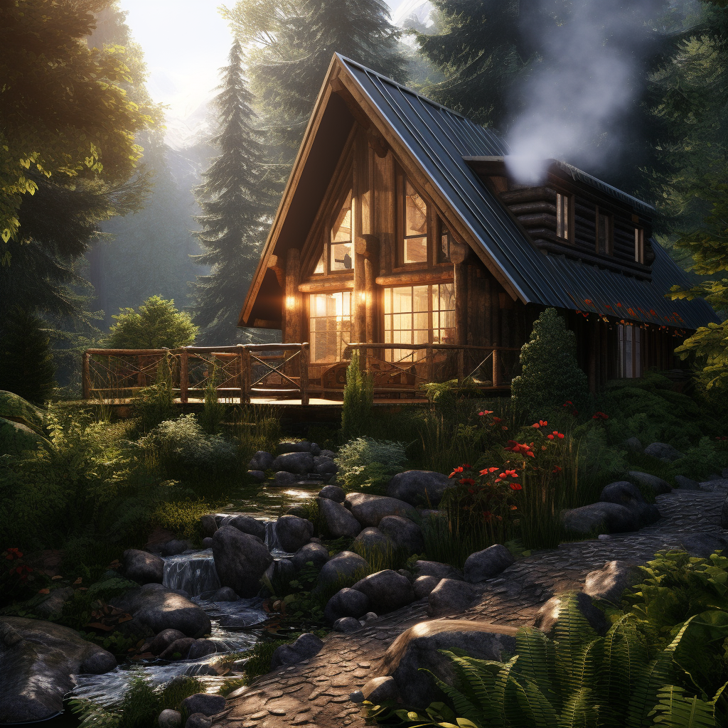 Cabin surrounded by lush forest during rainstorm