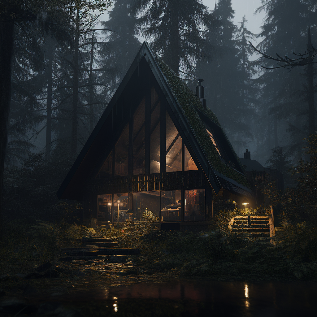 Cozy cabin amidst forest rainstorm