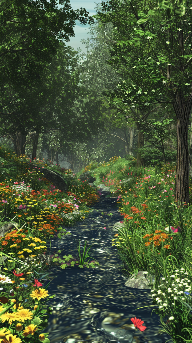 Vibrant Forest River Flowers 3D