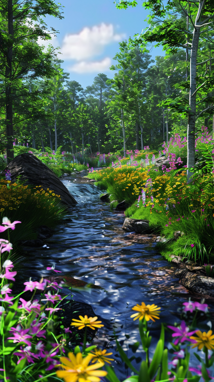 Vibrant flowers surround forest river