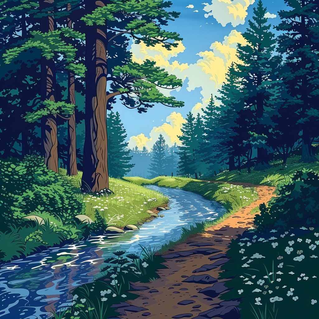 Surreal forest river trail illustration