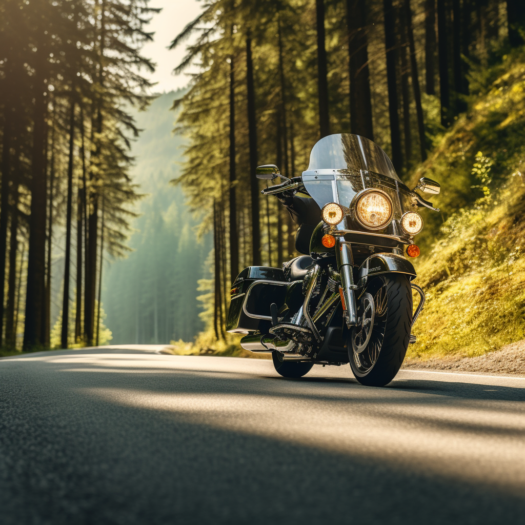 Panoramic shot of a cruiser bike on a forest road