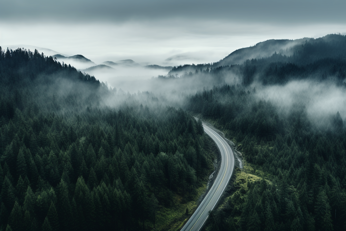 Ariel photo of enchanting forest road