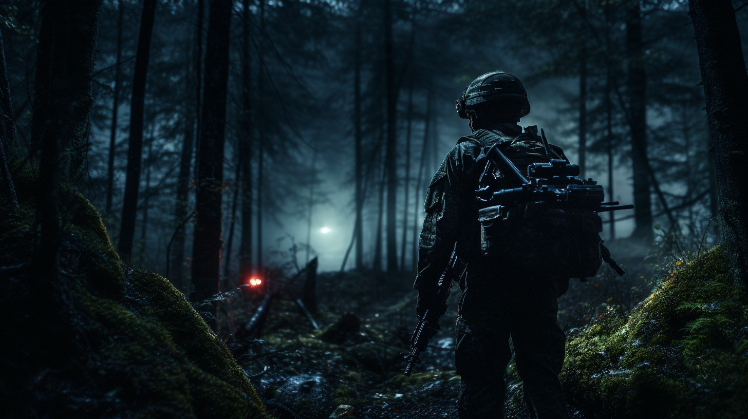 Tactical soldier walking through forest at night