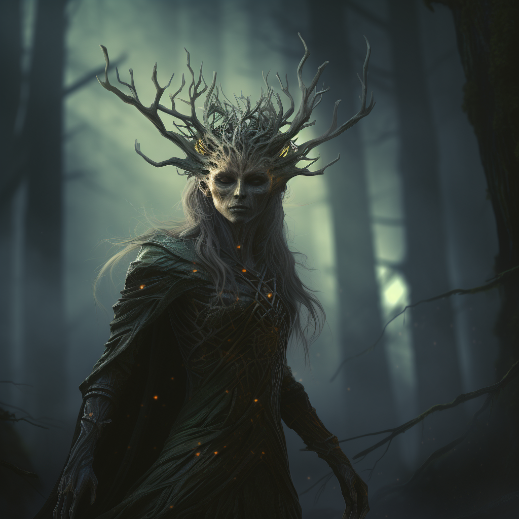 Mystical forest sprite in dark woods