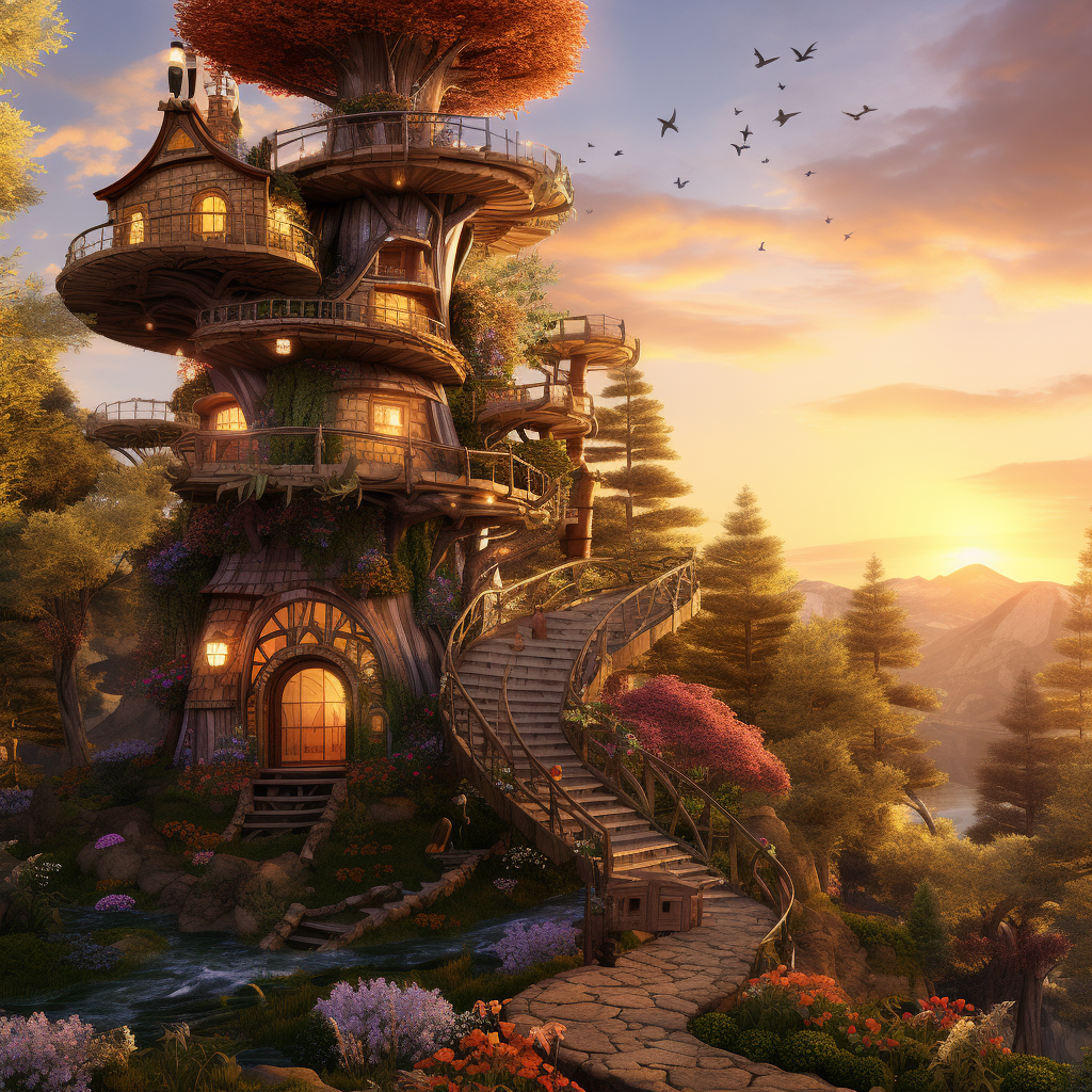 Three-story fairy house in enchanted forest at sunset