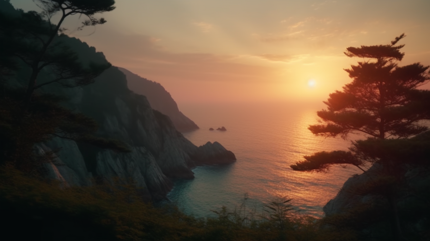 Stunning cinematic forest sunset by the sea