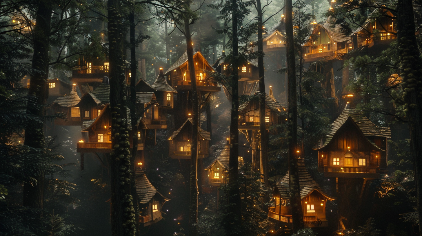 Treehouses in forest with dim light