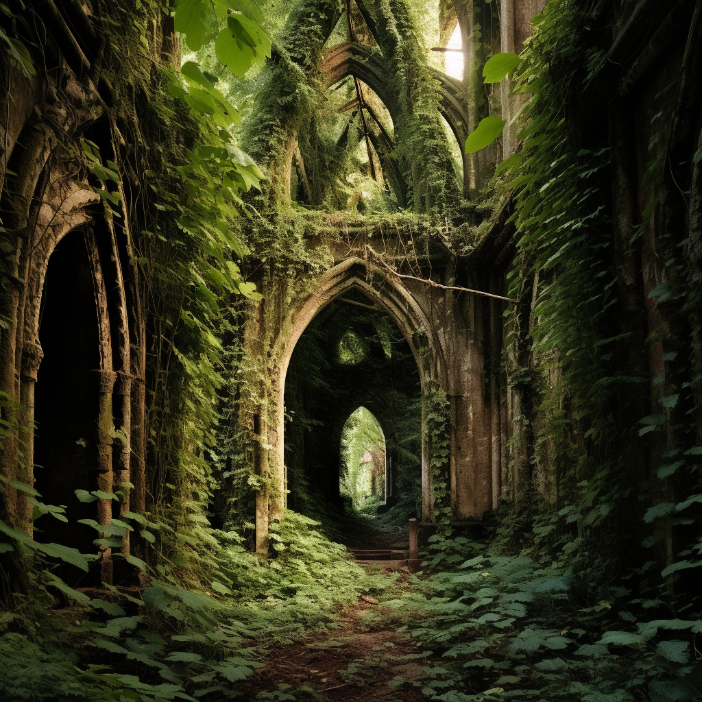 A mystical forest tunnel with crumbling pillars