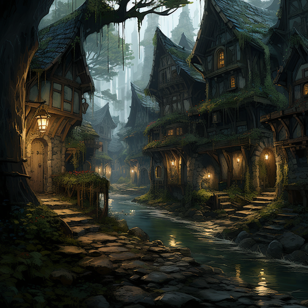 Artwork of forest village in D&D style