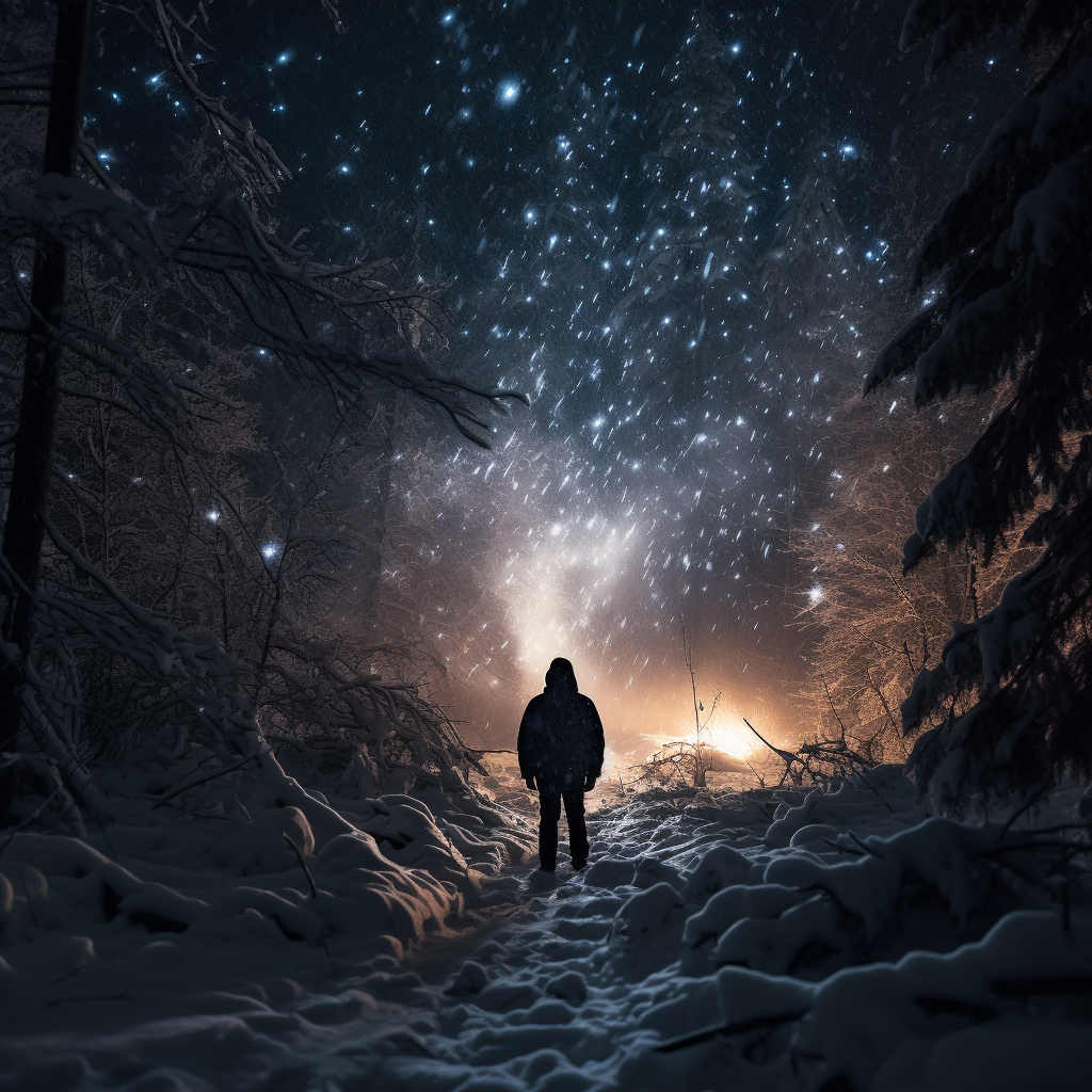 Winter Blizzard in Forest with Flashlights