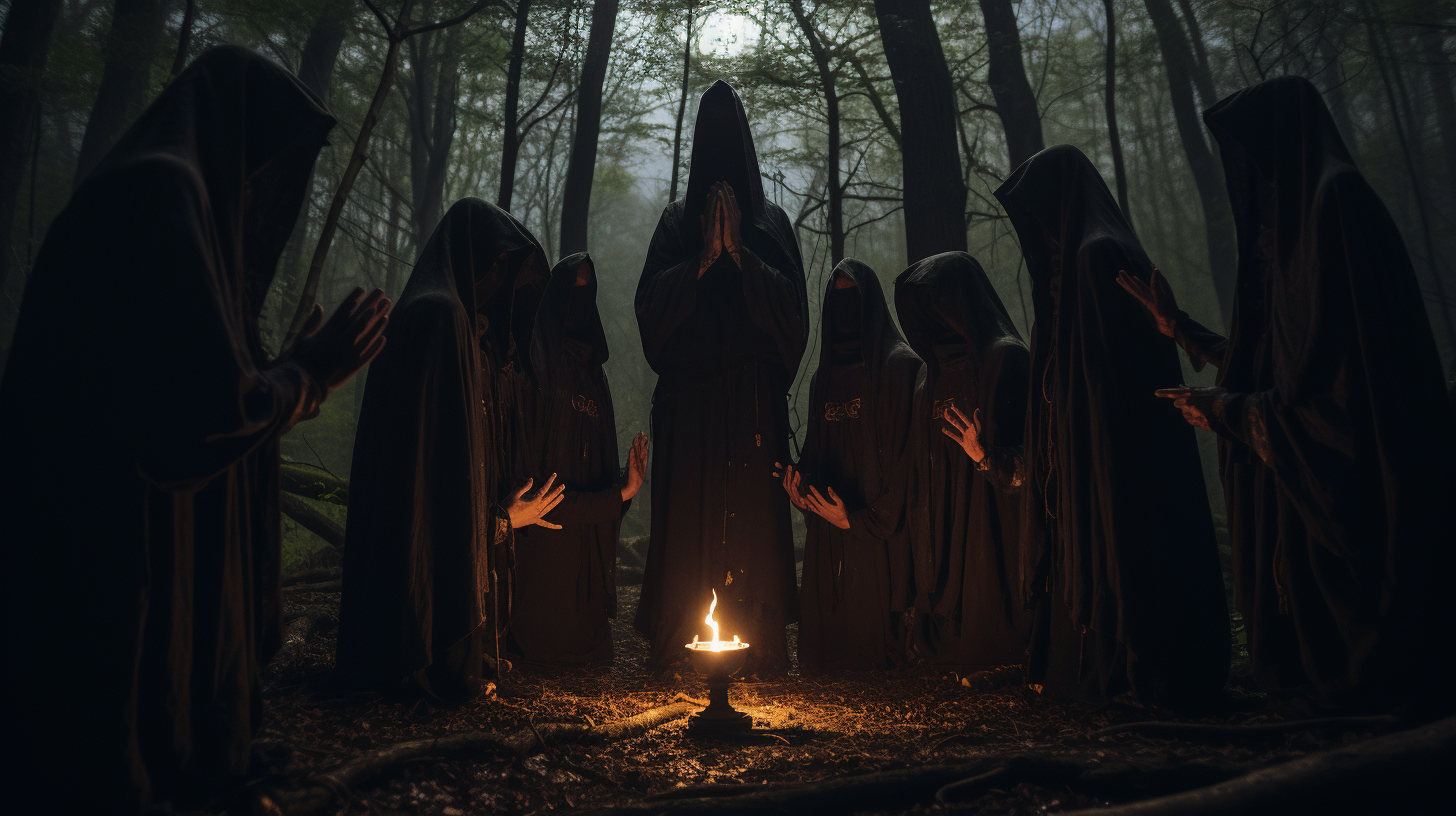 Hooded figures performing cult ritual in the forest