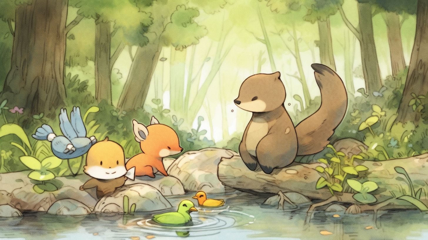 Adorable forest animals gathered by a pond